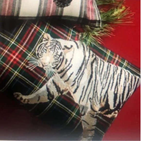 Tiger embroidered tartan pillow cover William Sonoma home - Picture 2 of 11